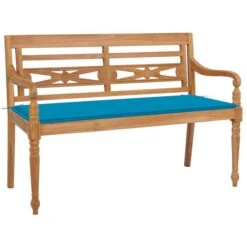 Banc Batavia Avec Coussin Bleu 120 Cm Bois De Teck Massif