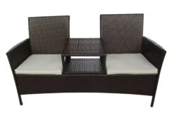 Banc De Jardin 2 Places Résine Tressée Marron Et Coussins Blanc Kim