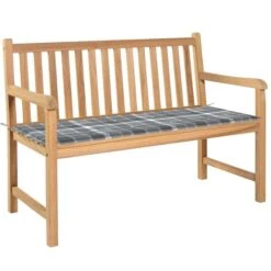 Banc De Jardin Avec Coussin à Carreaux Gris 120 Cm Teck Massif 3