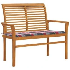 Banc De Jardin Avec Coussin à Carreaux Rouge 112 Cm Teck Massif
