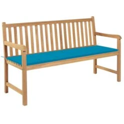 Banc De Jardin Avec Coussin Bleu 150 Cm Bois De Teck Massif 4
