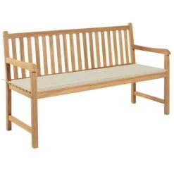 Banc De Jardin Avec Coussin Crème 150 Cm Bois De Teck Massif 2