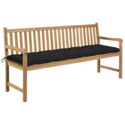 Banc De Jardin Avec Coussin Noir 175 Cm Bois De Teck Massif