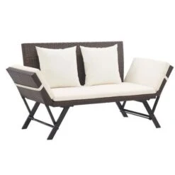 Banc De Jardin Polyester Blanc Et Résine Tressée Marron Risto