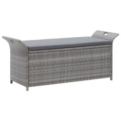 Banc De Rangement Avec Coussin Gris 138 Cm Résine Tressée