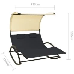 Chaise Longue Double Avec Auvent Textilène Noir Et Crème -Esprit Plein Air chaise longue double avec auvent textilene noir et creme 3666722363167 936842