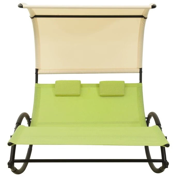 Chaise Longue Double Avec Auvent Textilène Vert Et Crème 2 Chaise Longue Double Avec Auvent Textilène Vert Et Crème – Image 2