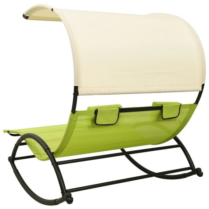 Chaise Longue Double Avec Auvent Textilène Vert Et Crème 4 Chaise Longue Double Avec Auvent Textilène Vert Et Crème – Image 4