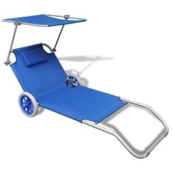 Chaise Longue Pliable Avec Auvent Et Roulettes Aluminium Bleu
