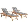 Chaises Longues 2 Pcs Avec Coussin Carreaux Gris Teck Solide