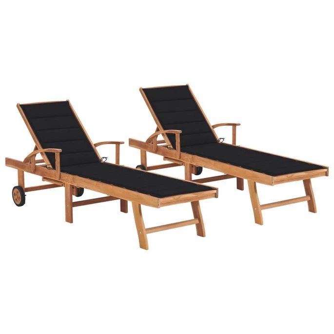 Chaises Longues 2 Pcs Avec Coussin Noir Bois De Teck Solide 1 Chaises Longues 2 Pcs Avec Coussin Noir Bois De Teck Solide