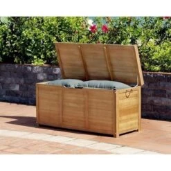 Coffre De Jardin 190L - En Bois Naturel Eucalyptus FSC - 125 X 60 X 51 Cm - - Avec Coussin Gris Anthracite -Esprit Plein Air coffre de jardin 190l en bois naturel eucalyptus fsc 125 x 60 x 51 cm avec coussin gris anthracite 3612408255714 461978