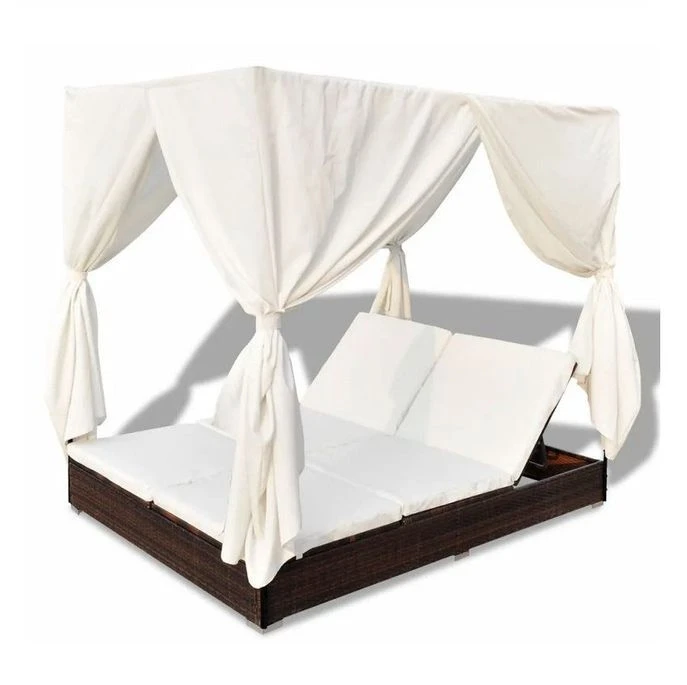 Lit De Jardin Avec Rideaux Résine Marron Et Tissu Blanc Uvo 4 Lit De Jardin Avec Rideaux Résine Marron Et Tissu Blanc Uvo – Image 4