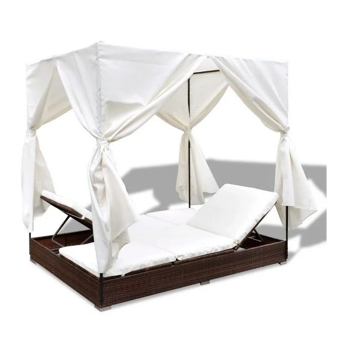 Lit De Jardin Avec Rideaux Résine Marron Et Tissu Blanc Uvo 5 Lit De Jardin Avec Rideaux Résine Marron Et Tissu Blanc Uvo – Image 5