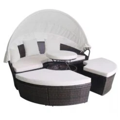 Lit De Jardin Avec Toit Et Table Résine Tressée Marron Velass