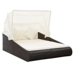 Lit De Jardin Avec Toit Tissu Blanc Et Résine Marron Nov